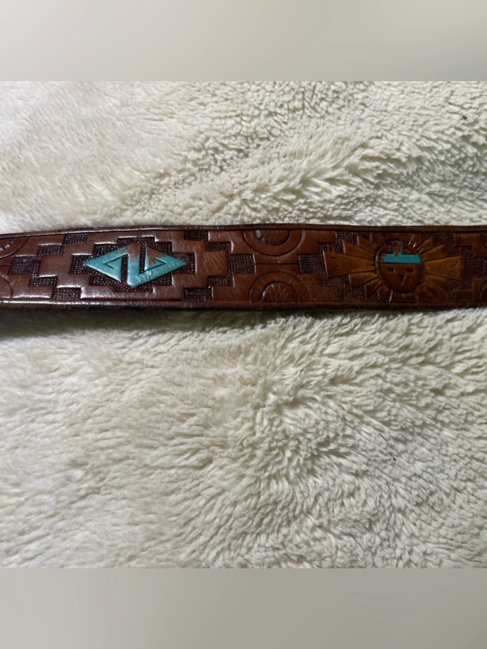 Vintage SunGold  Hand Tooled Leather  Belt with Turquoise Inlay 70’s